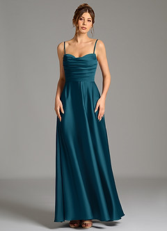 Azazie Ayla Bridesmaid Dresses Ink Blue A-Line Corset Stretch Satin Dress image5