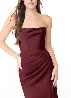 Azazie Leonis Vestidos de damas de honor Vestido de Cabernet de Satén Elástico de Corte Sirena Convertible con Plisado image8