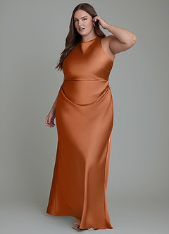 Azazie Evadne Bridesmaid Dresses Copper Sheath Pleated Stretch Satin Dress image11
