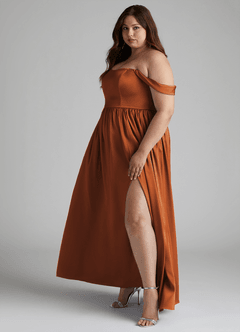 Azazie Morana Bridesmaid Dresses Cinnamon A-Line Off the Shoulder Stretch Satin Convertible Dress image13
