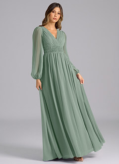 Azazie Palerma Bridesmaid Dresses Silver Sage A-Line Long Sleeve Chiffon Dress image4