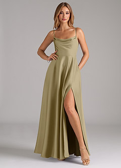 Azazie Elle Bridesmaid Dresses Moss Green A-Line Pleated Stretch Satin Dress image3