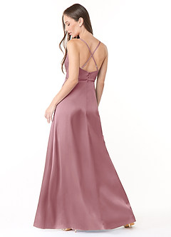 Azazie Naomie Final Sale Vintage Mauve A-Line Cowl Neckline Side Slit Stretch Satin Dress image2