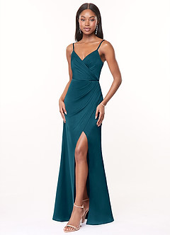 Azazie Maci Brautjungfernkleider A-Linie V-Hals Gefaltet Stretch-Satin Kleid Tintenblau image3