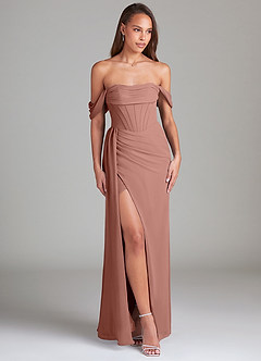 Azazie Amyra Bridesmaid Dresses Cedar Rose Sheath Off the Shoulder Chiffon Convertible Dress image3