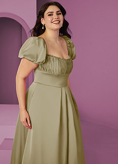 Barbie ♥ Azazie Bridesmaid Dresses Moss Green A-Line Ruched Stretch Satin Dress image10