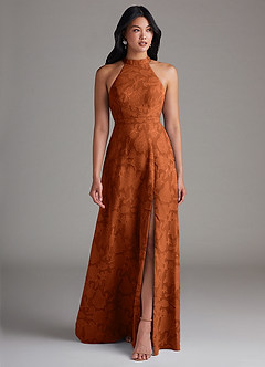 Azazie Clarice Abiti da Damigella Abito A-Line in Burnout Floreale Spacco Laterale Arancia Bruciata image1