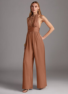 Azazie Oli Jurken voor bruidsmeisjes Jumpsuit van Stretch Satijn Geplooid Bronzeertint image1