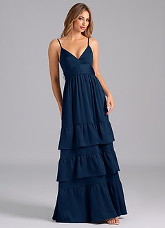 Azazie Nathalia Bridesmaid Dresses Dark Navy A-Line Pleated Stretch Satin Dress image1