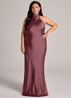 Azazie Velli Robes de demoiselle d'honneur Robe Sirène en Satin extensible Col haut Rose Du Désert image2