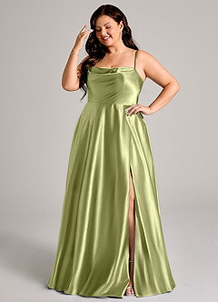 Azazie Elle Vestidos de damas de honor Vestido de Pistacho de Satén Metálico de Corte en A con Con bolsillos image10