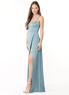 Azazie Halsey Bridesmaid Dresses Moody Blue Sheath Side Slit Stretch Satin Dress image4