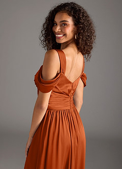 Azazie Lianne Bridesmaid Dresses Burnt Orange A-Line Off the Shoulder Stretch Satin Dress image6