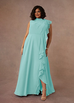 Azazie Narine Mother of the Bride Dresses Aqua A-Line High Neckline Pleated Chiffon Dress image8