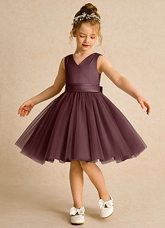 Azazie Tadpole Flower Girl Dresses Sangria A-Line Pleated Matte Satin Dress image1
