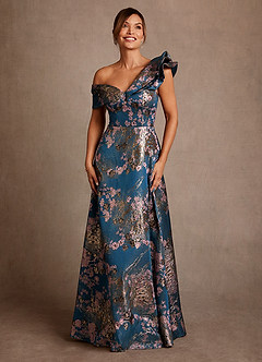 Azazie Des Moines vestidos de madre de la novia Vestido de Floral Verde Azulado de Jacquard Floral de Corte en A con Hombro unilateral image4