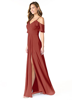 Azazie Dakota Vestidos de damas de honor Vestido de Terracota de Gasa de Corte en A con Cuello en V plisado image5