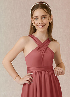 Azazie Jiya Junior Vestido de Rosa Antigua de Satén Elástico de Corte en A con Plisado image4