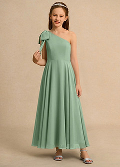 Azazie Guppy Girls Formal Robe Demoiselle D'honneur Fillette Robe Trapèze en Mousseline de soie Une épaule Matcha image3