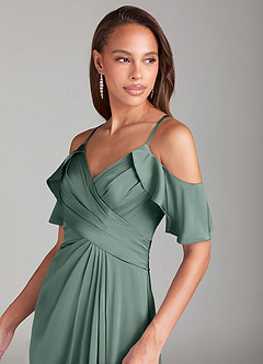 Azazie Dakota Bridesmaid Dresses Sea Moss A-Line Off the Shoulder Stretch Satin Dress image5