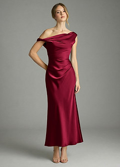 Azazie Emerson Bridesmaid Dresses Burgundy Mermaid Off the Shoulder Stretch Satin Dress image1