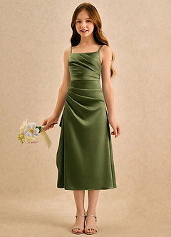 Azazie Canna Girls Formal Abiti da Ragazza di Fiori Abito A-Line in Raso Elasticizzato Plissettato Oliva image5