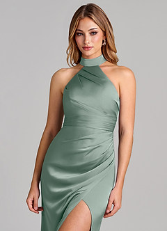 Azazie Karlotta Bridesmaid Dresses Silver Sage Sheath Pleated Stretch Satin Dress image6