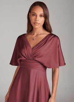 Azazie Pamela Bridesmaid Dresses Merlot A-Line Pleated Stretch Satin Dress image4