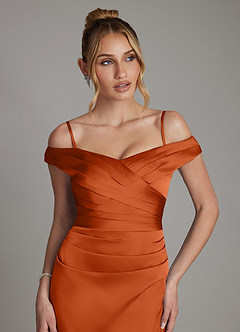 Azazie Teyana Bridesmaid Dresses Burnt Orange Sheath Off the Shoulder Stretch Satin Dress image3