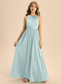 Azazie Jaylah Junior Mist A-Line Pleated Stretch Satin Dress image4