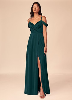 Azazie Ocean Bridesmaid Dresses Pine A-Line V-Neck Pleated Stretch Satin Dress image1
