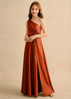 Azazie Puddles Girls Formal Robe Demoiselle D'honneur Fillette Robe Trapèze en Satin extensible Une épaule Paprika image4