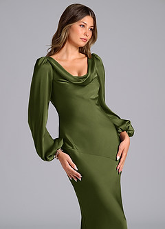 Azazie Rylina Bridesmaid Dresses Olive Mermaid Long Sleeve Stretch Satin Dress image6