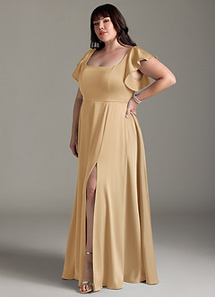 Azazie Bondi Bridesmaid Dresses Gold A-Line Bow Stretch Satin Dress image9