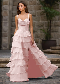 Floralace Powder Pink Flæset A-formet gallakjole