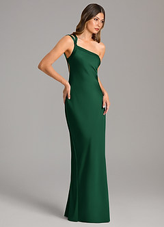 Azazie Monroe Bridesmaid Dresses Dark Green Mermaid One Shoulder Stretch Satin Dress image5