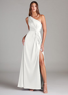 Azazie Brooke Brudtärnklänningar Klä av A-Linje i Stretch Satin Ena axeln Vit image2