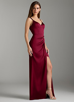 Azazie Leo Bridesmaid Dresses Burgundy Sheath Pleated Stretch Satin Dress image3