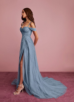 Barbie ♥ Azazie Vestidos de novia Vestido de Azul Polvoriento de Tul de Corte en A con Lentejuela image3