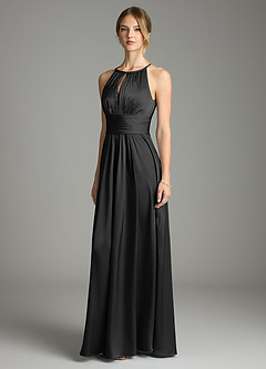 Azazie Bonnie Bridesmaid Dresses Black A-Line Pleated Stretch Satin Dress image1