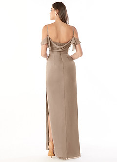 Azazie Emeralda Bridesmaid Dresses Taupe Sheath Off the Shoulder Chiffon Dress image2