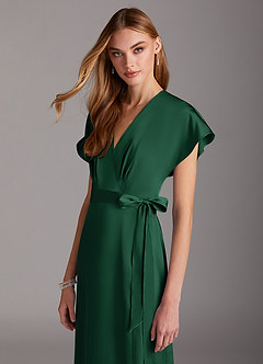 Azazie Nico Bridesmaid Dresses Dark Green A-Line V-Neck Stretch Satin Dress image6