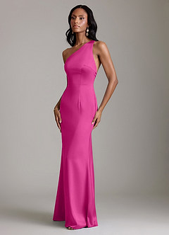 Azazie Voni Bridesmaid Dresses Fuchsia Mermaid One Shoulder Stretch Satin Dress image6