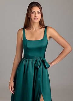 Azazie Elliott Bridesmaid Dresses Peacock A-Line with Pockets Stretch Satin Dress image2