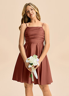 Azazie Miko Junior Vestido de Castaño de Satén Elástico de Corte en A con Plisado image6