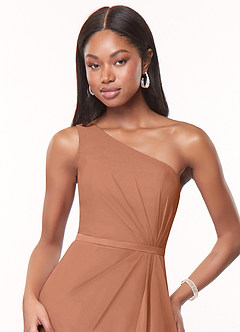 Azazie Liza Jurken voor bruidsmeisjes Jurk van Chiffon met Zeemeermin One-Shoulder Bronzeertint image10