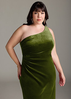 Azazie Argan Bridesmaid Dresses Olive A-Line One Shoulder Pleated Velvet Dress image12
