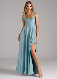 Azazie Elle Robes de demoiselle d'honneur Robe Trapèze en Satin extensible Plissée Bleu Maussade image4