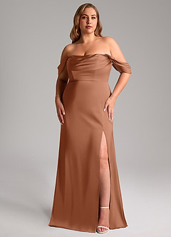 Azazie Saige Jurken voor bruidsmeisjes Jurk van Stretch Satijn met Kolom Off the Shoulder Bronzeertint image11