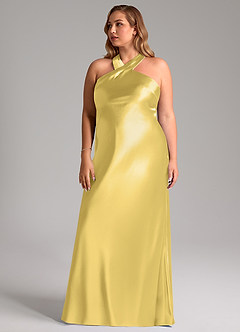 Azazie Doretta Brautjungfernkleider Meerjungfrau-Linie Schleifen Metallischer Satin Kleid Kanarienvogel image12